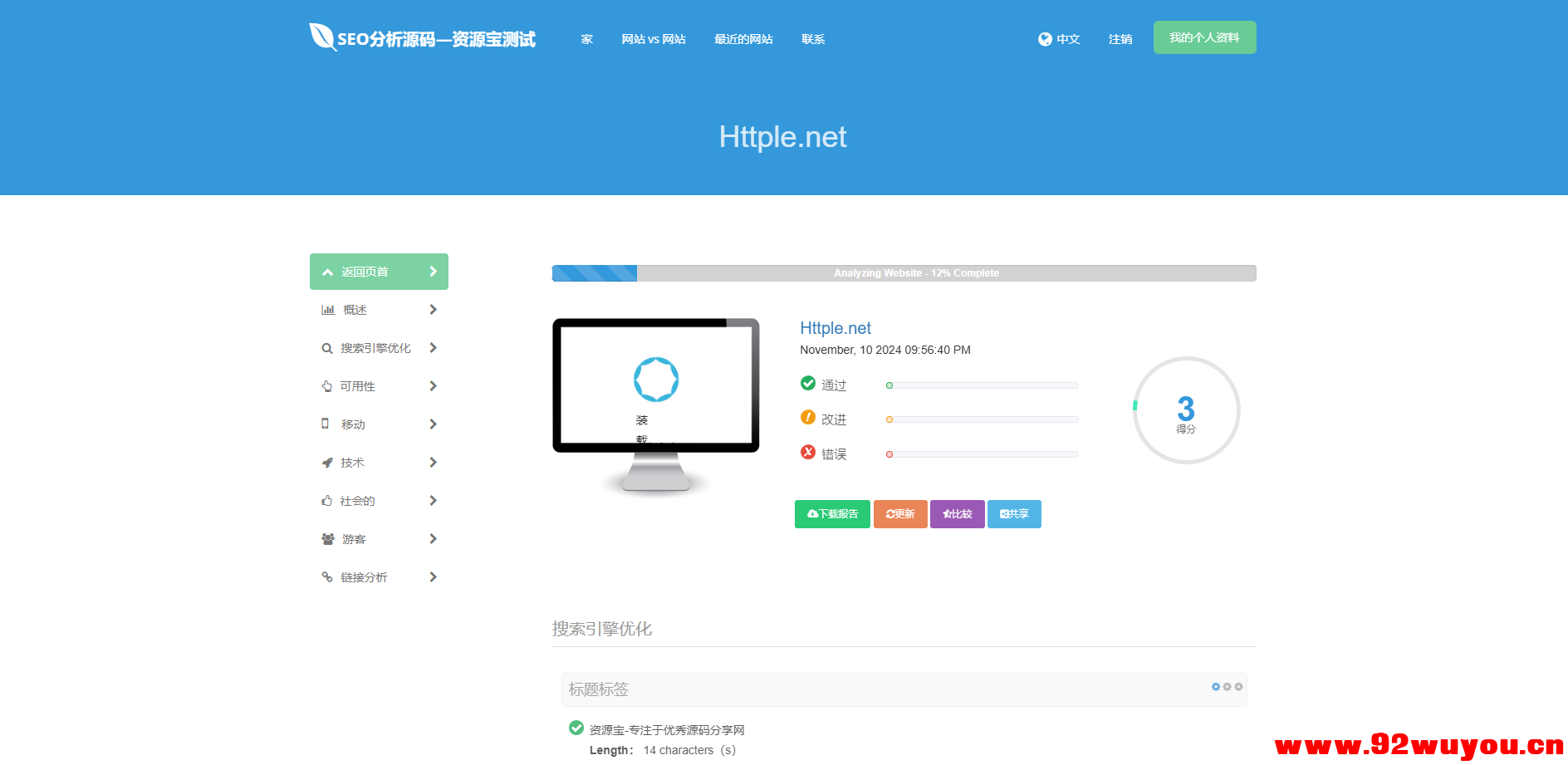 高级 SEO 化在线优化检测分析源码，获得更高收录  690 无忧技术吧www.92wuyou.cn