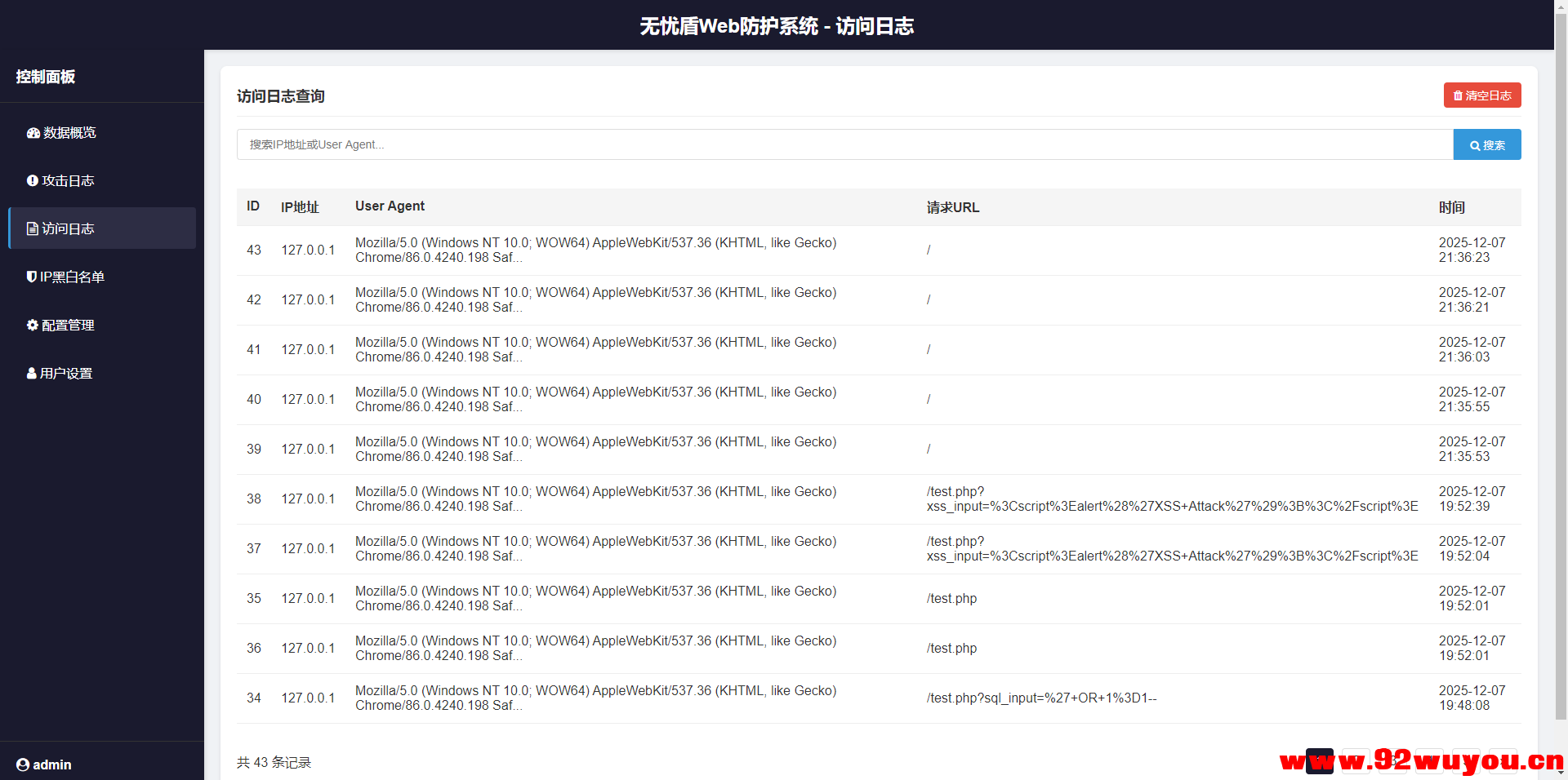 无忧盾Web-安全防护系统高抗CC攻击，XSS SQL 注入漏洞工具免费开源版-无加密版本  7918 无忧技术吧www.92wuyou.cn
